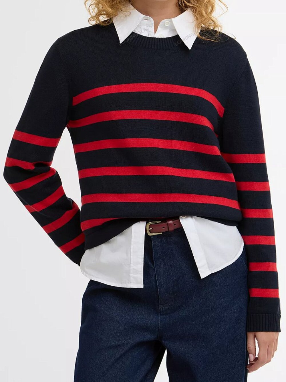 Barbour Fern Striped Cropped Crewneck Sweater Navy Red US 14 NWT